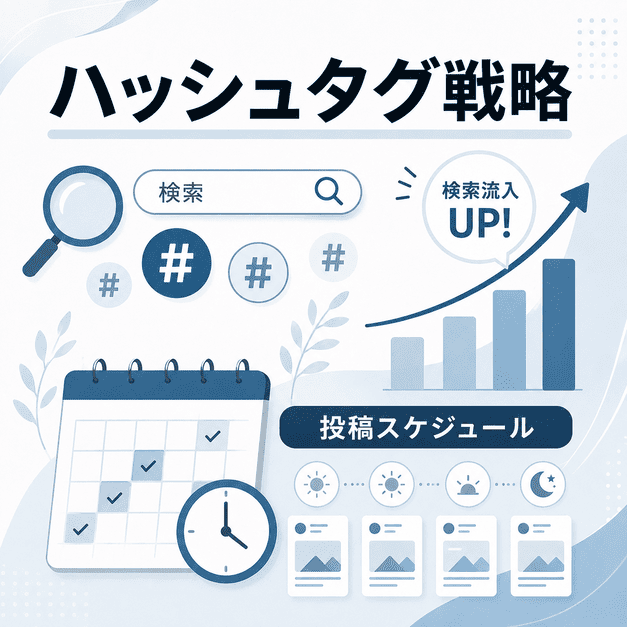 ハッシュタグ検索・投稿スケジュール・検索流入増加を整理したX運用イラスト