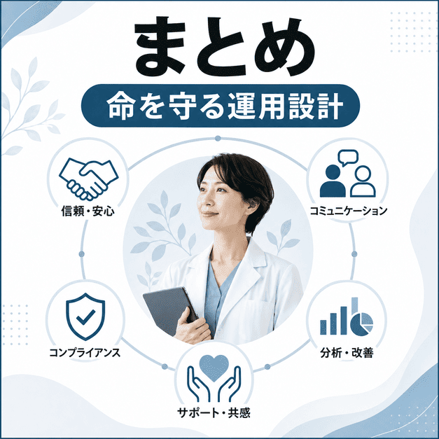 精神科クリニックのX集患を信頼・支援・コンプライアンス・分析でまとめたイラスト