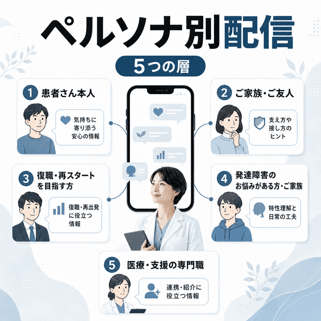 患者本人・家族・復職希望者・発達障害の悩みがある人・専門職に分けて配信するイラスト