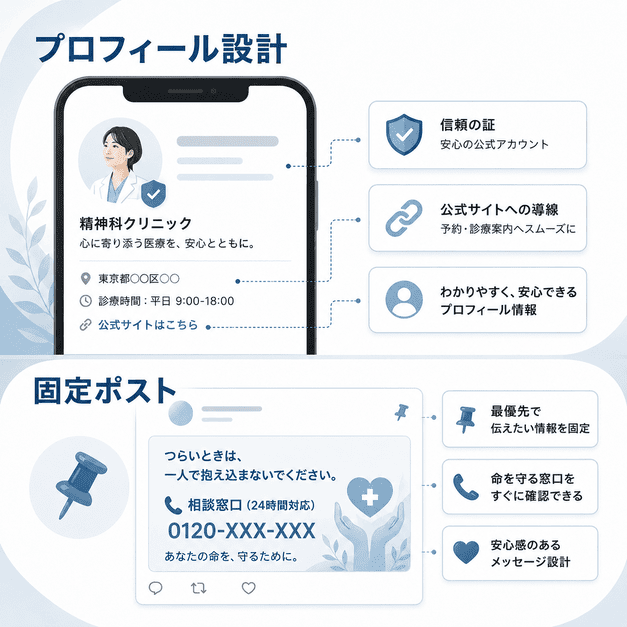 精神科クリニックの公式プロフィールと命を守る固定ポストを設計するイラスト