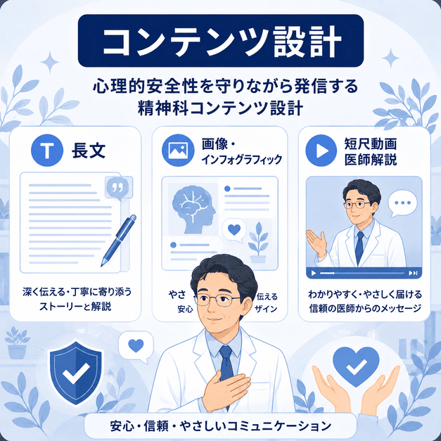 精神科クリニックが長文投稿や画像や動画で心理的安全性に配慮して発信する様子を示すイラスト