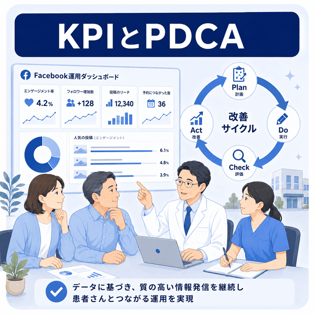 精神科クリニックのFacebook運用をKPIとPDCAサイクルで継続改善する様子を示すイラスト