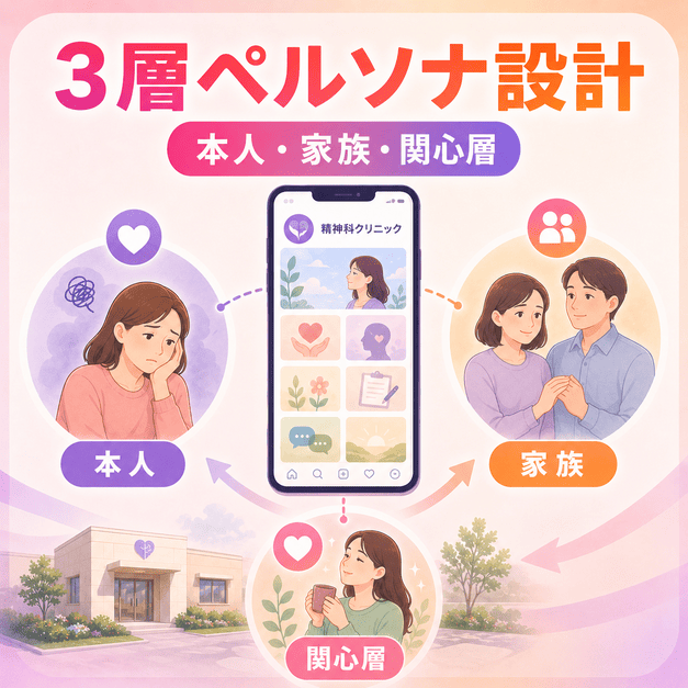 精神科クリニックのInstagram運用で本人・家族・関心層の三層ペルソナを設計する様子