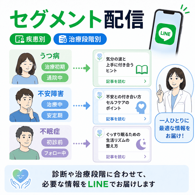 疾患別・治療段階別に患者へ適切な情報を届ける精神科LINEのセグメント配信を示したイラスト