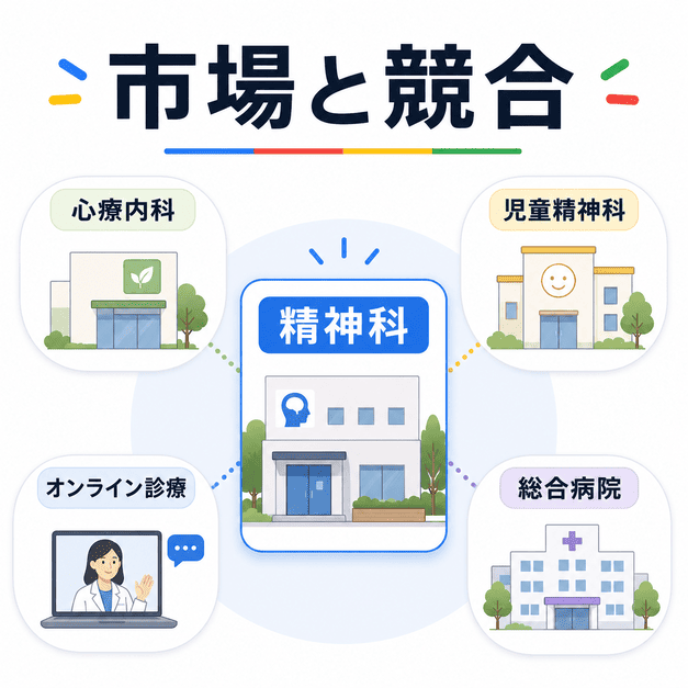 精神科クリニックと心療内科・児童精神科・オンライン診療・総合病院の競合関係を示したイラスト