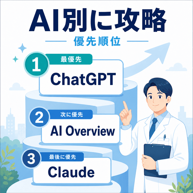 ChatGPT、AI Overview、ClaudeなどAIプラットフォーム別に優先順位をつけて攻略する流れを示した図解