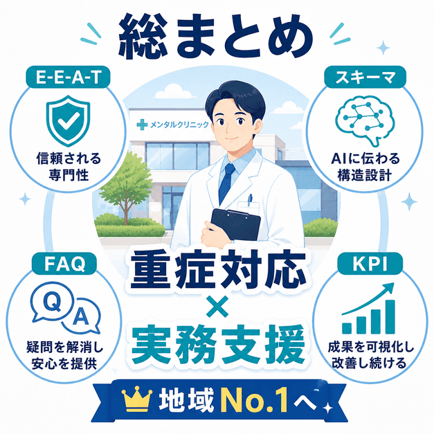 精神科クリニックのAI対策を、E-E-A-T・スキーマ・FAQ・KPIと重症対応・実務支援で総まとめした図解