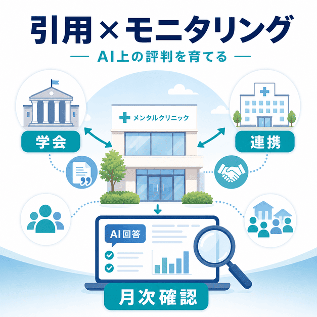 学会・医療機関連携・月次確認によってAI上の評判を育てるサイテーションとモニタリングの図解