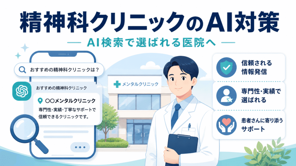 精神科クリニックがAI検索で選ばれるためのLLMO対策を、医師・クリニック・AI検索画面で表したアイキャッチ画像
