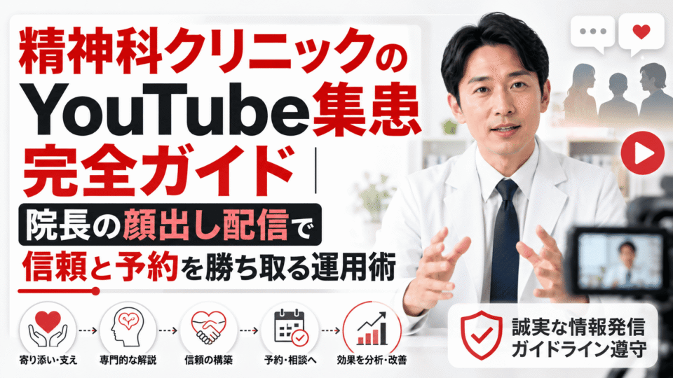 精神科クリニックの院長がYouTubeで信頼を高め、予約につなげる運用を解説しているイメージ