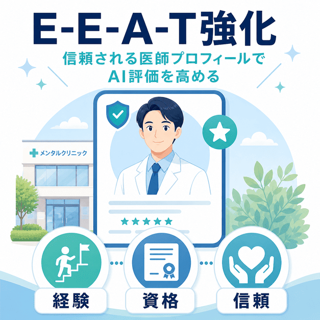精神科クリニックのAI評価を高めるために、医師の経験・資格・信頼性をE-E-A-Tとして示した図解