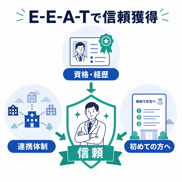 精神科専門医の資格や経歴、連携体制、初めての方向けページによって信頼を高める方法を表したイラスト
