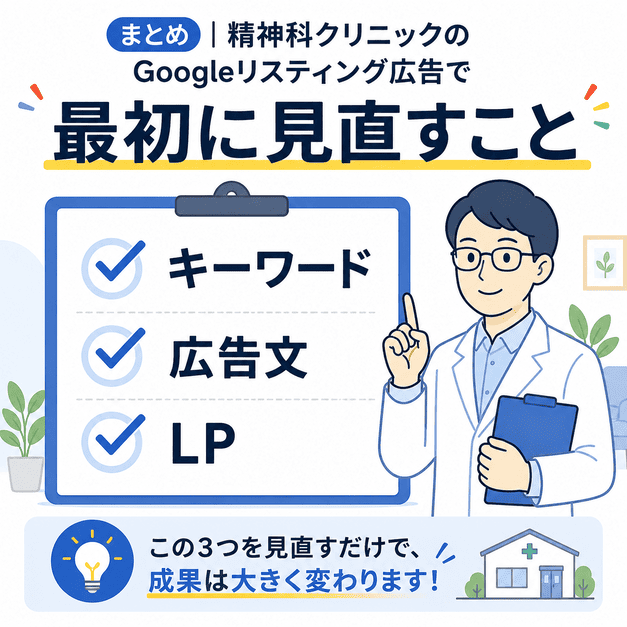 精神科クリニックのGoogleリスティング広告で最初に見直すキーワード・広告文・LPを示したチェックリストイラスト