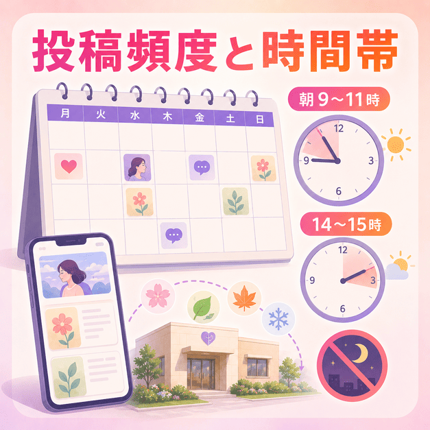 精神科クリニックのInstagram投稿頻度と時間帯をカレンダーや時計で管理する様子