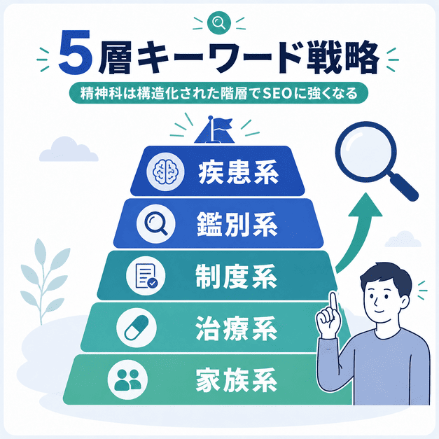 精神科クリニックのSEOキーワードを疾患系、鑑別系、制度系、治療系、家族系の5層で整理したイラスト