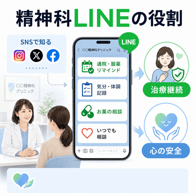 精神科クリニックにおけるLINEの役割として、治療継続管理と心の安全を支える仕組みを示したイラスト