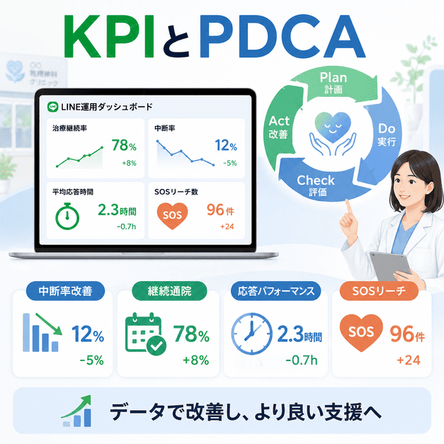 精神科LINE運用のKPI管理とPDCAサイクルで中断率改善を進める様子を表したイラスト