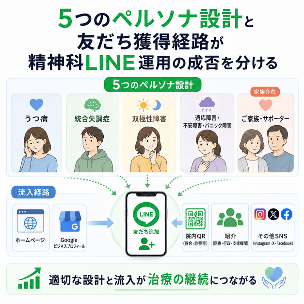 精神科LINE運用に必要な5つの患者ペルソナと友だち獲得経路を整理したイラスト