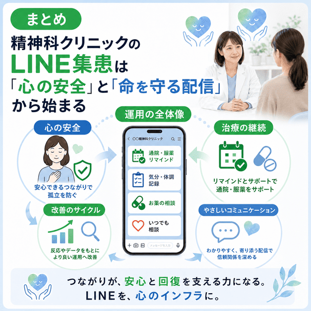 精神科クリニックのLINE集患が心の安全と命を守る配信から始まることをまとめたイラスト