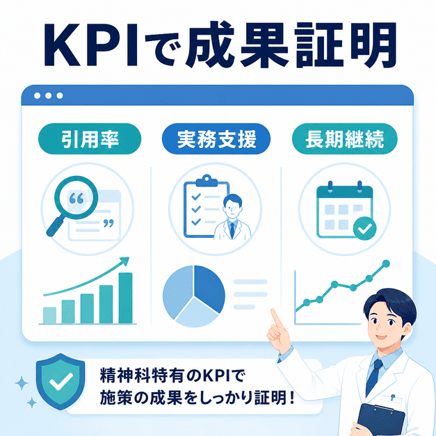 精神科特有のKPIとして引用率・実務支援・長期継続を測定し、施策成果を可視化する図解
