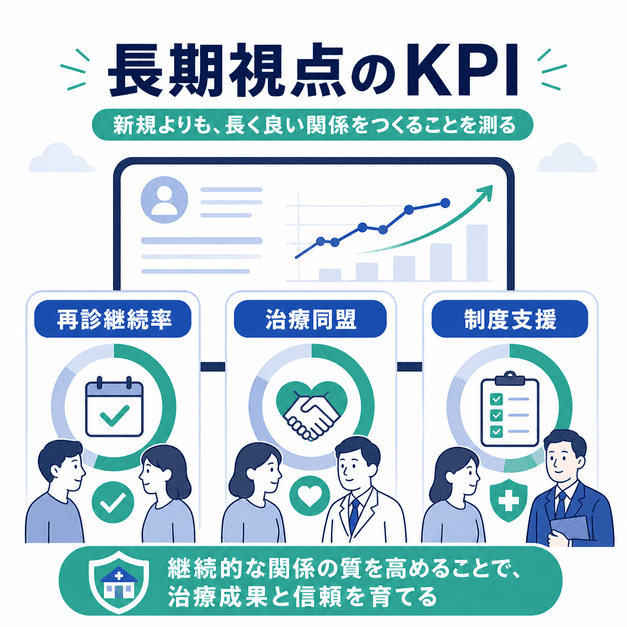 再診継続率、治療同盟、制度支援など、精神科クリニックの長期視点のKPIを表したイラスト