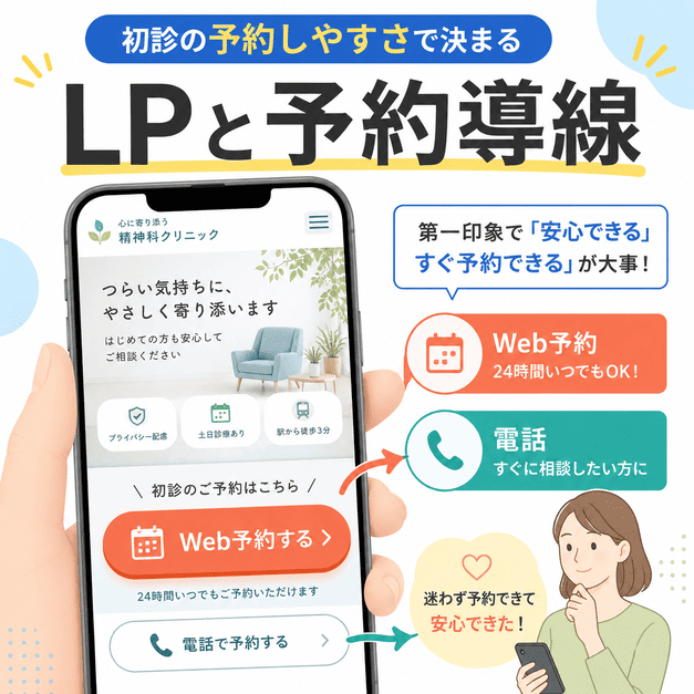 精神科クリニックのLPでWeb予約や電話予約へ迷わず進める導線を示したイラスト