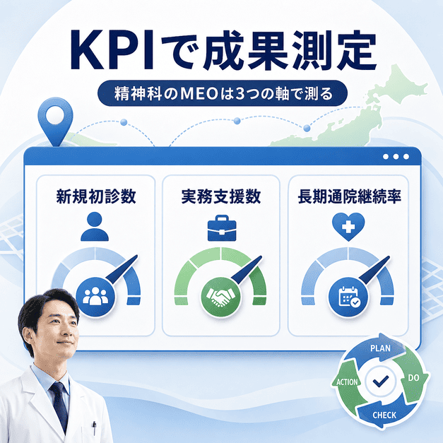 精神科のMEO成果を新規初診数、実務支援数、長期通院継続率の3つのKPIで測定する図解