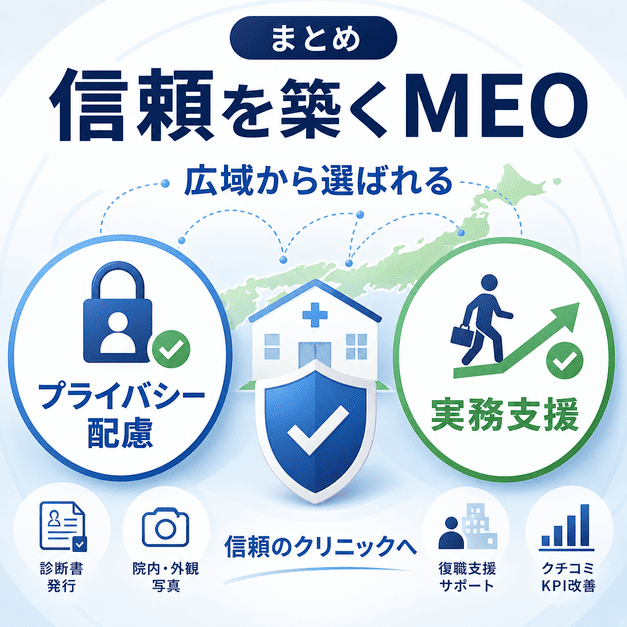 精神科クリニックのMEO対策の結論として、プライバシー配慮と実務支援で信頼を築く流れをまとめた図解