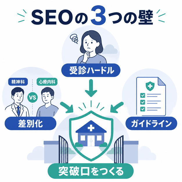 精神科クリニックのSEOで課題となる受診ハードル、心療内科との差別化、医療広告ガイドライン対応の3つの壁を図解したイラスト