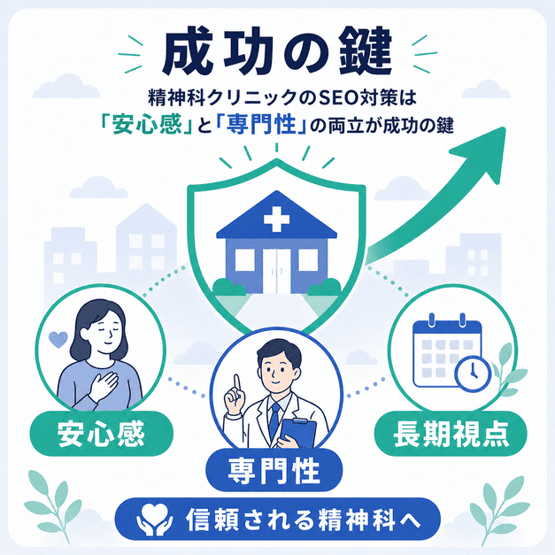 精神科クリニックのSEO対策で重要な安心感、専門性、長期視点をまとめた総まとめイラスト