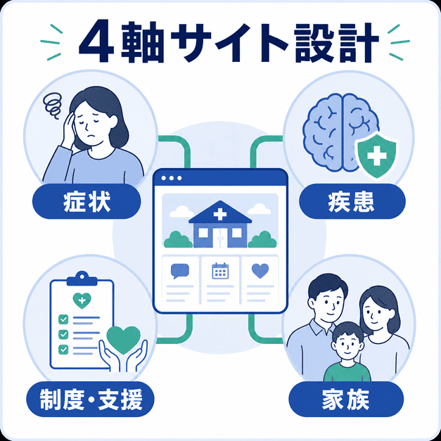 精神科サイトを症状、疾患、制度・支援、家族の4つの入口で設計する構造を図解したイラスト