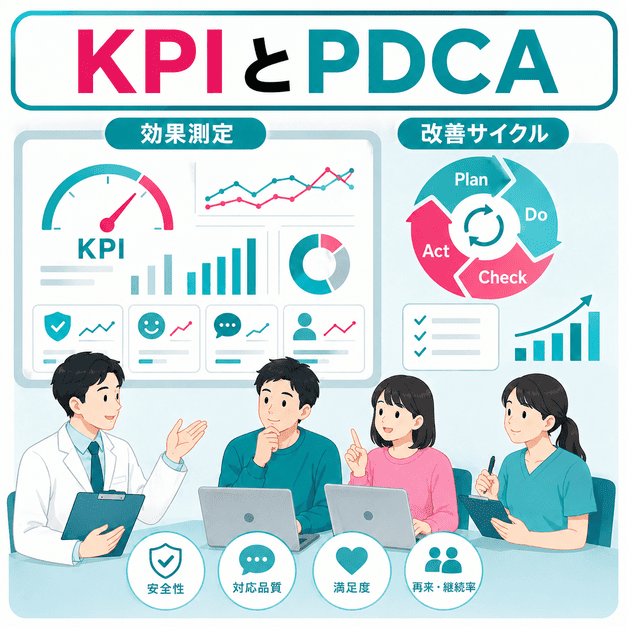 精神科TikTok運用のKPI測定とPDCA改善サイクルを示すダッシュボード風の図解