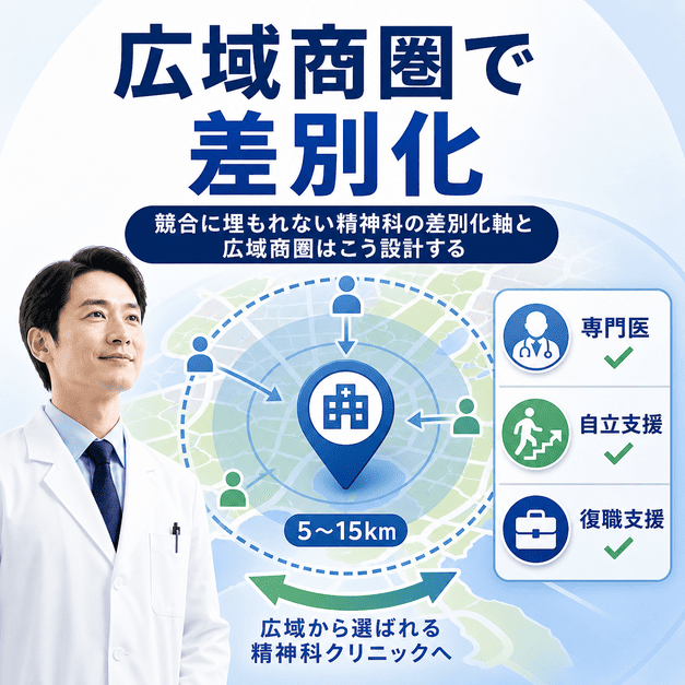 半径5〜15kmの広域商圏で、専門医、自立支援、復職支援を軸に精神科クリニックを差別化する図解