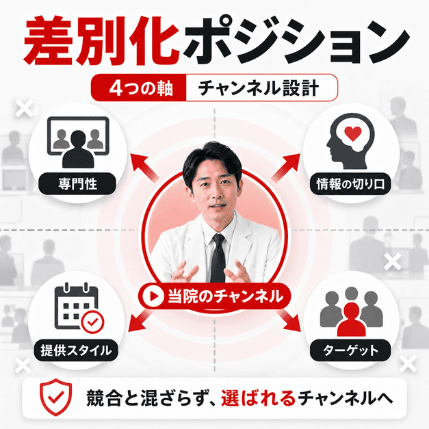 精神科YouTubeチャンネルの差別化ポジションを四つの軸で設計している図解