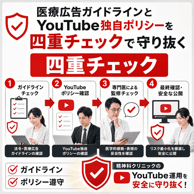 医療広告ガイドラインとYouTubeポリシーを四重チェックで確認し、安全に運用する図解