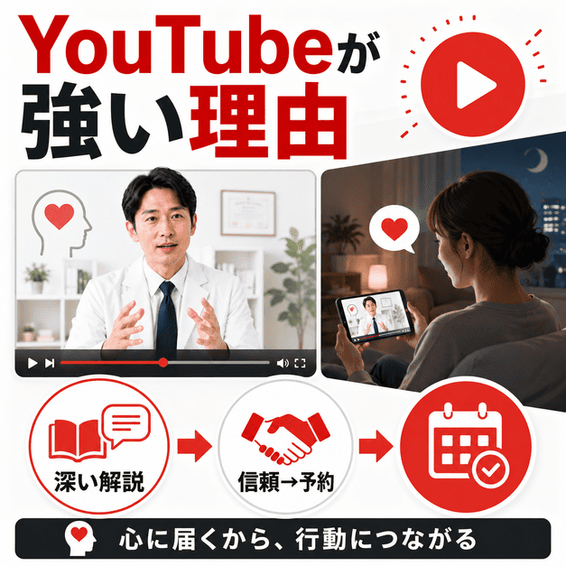 精神科クリニックのYouTube配信が深い解説と信頼形成を通じて受診行動につながる様子