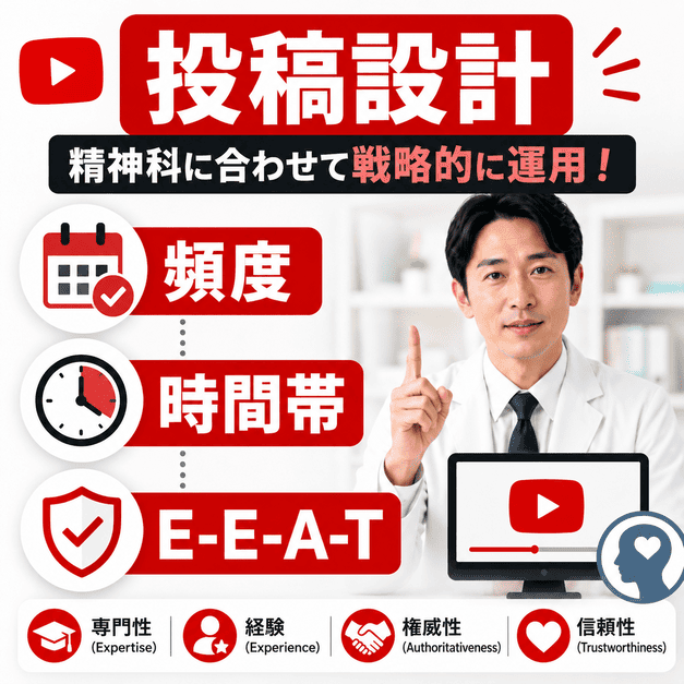 精神科YouTubeの投稿頻度・配信時間帯・E-E-A-T訴求を計画的に設計するイメージ
