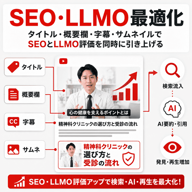 YouTube動画のタイトル・概要欄・字幕・サムネイルを最適化してSEOとLLMO評価を高める図解