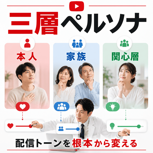 本人・家族・関心層の三層ペルソナに合わせて配信トーンを変えるイメージ