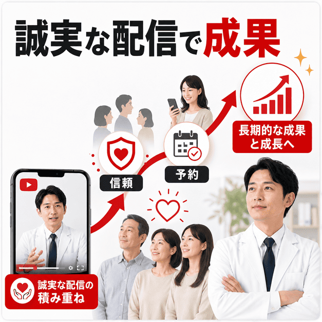精神科クリニックが誠実なYouTube配信を積み重ね、信頼・予約・長期的成果につなげるイメージ