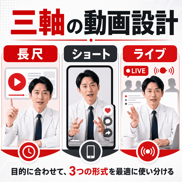 長尺動画・ショート動画・ライブ配信の三つの形式を目的別に使い分ける精神科YouTube運用の図解