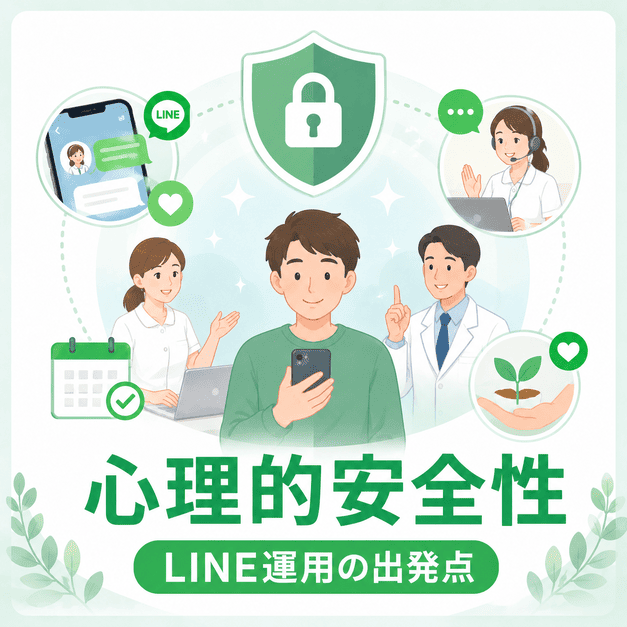 肛門外科クリニックのLINE運用で、患者の心理的安全性を中心に信頼と継続支援を築く様子を示したイラスト
