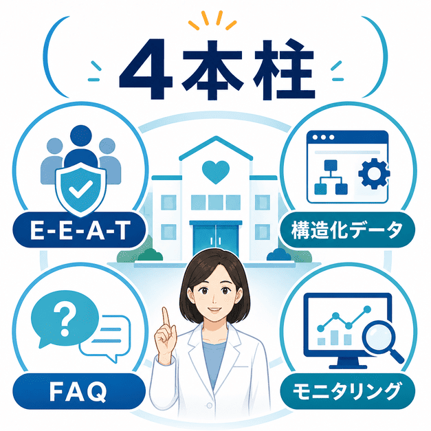 心療内科クリニックのAI時代の集患戦略を、E-E-A-T・構造化データ・FAQ・モニタリングの4本柱で整理した総括図