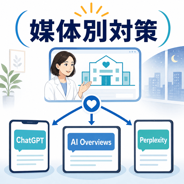 ChatGPT・AI Overviews・Perplexityなど、AIプラットフォーム別に心療内科LLMO対策を行う様子を示した図解
