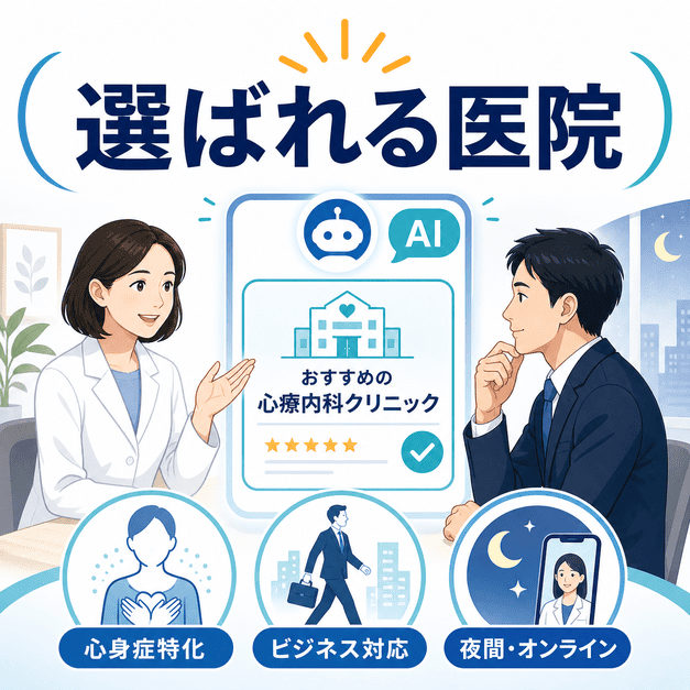AI検索で選ばれる心療内科クリニックの条件として、心身症特化・ビジネス対応・夜間オンライン対応を示した図解