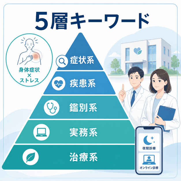 心療内科のSEOキーワード戦略を症状系・疾患系・鑑別系・実務系・治療系の5層で示したイラスト