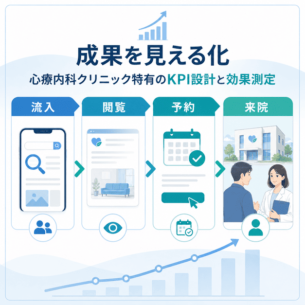心療内科クリニックのSEO成果を流入・閲覧・予約・来院の4段階で見える化するKPI設計のイラスト