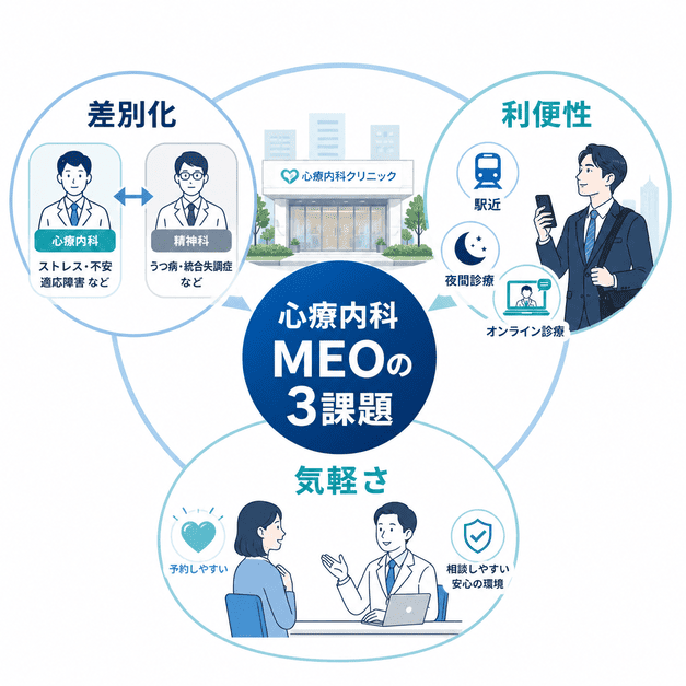 心療内科のMEO対策で重要な精神科との差別化、ビジネスパーソン向け利便性、気軽に相談できる雰囲気を3つの課題として示した図