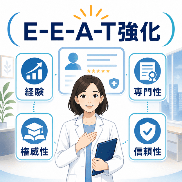 心療内科クリニックがE-E-A-Tを強化するために、経験・専門性・権威性・信頼性を整理した図解