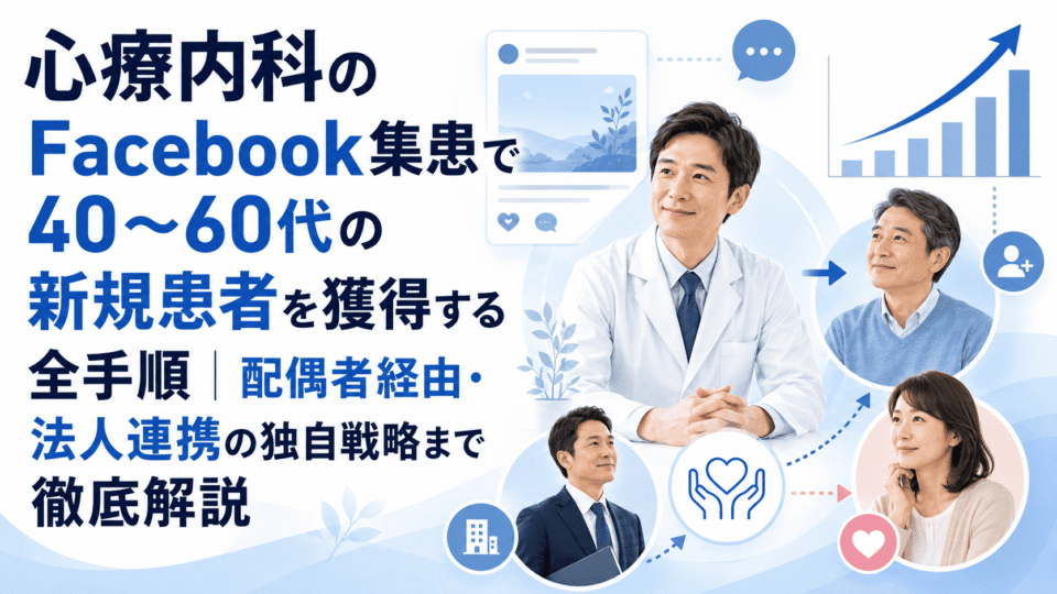心療内科のFacebook集患で40〜60代の新規患者獲得、配偶者経由、法人連携を表した図解